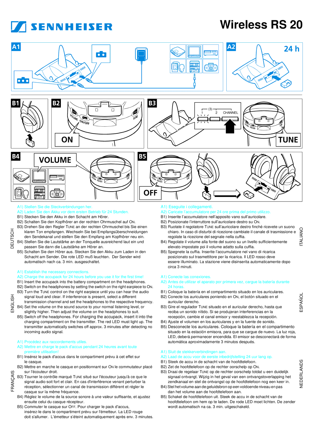 Sennheiser RS 20 manual Wireless RS, Deutsch English Français, A1 Eseguite i collegamenti, Italiano Español Nederlands 