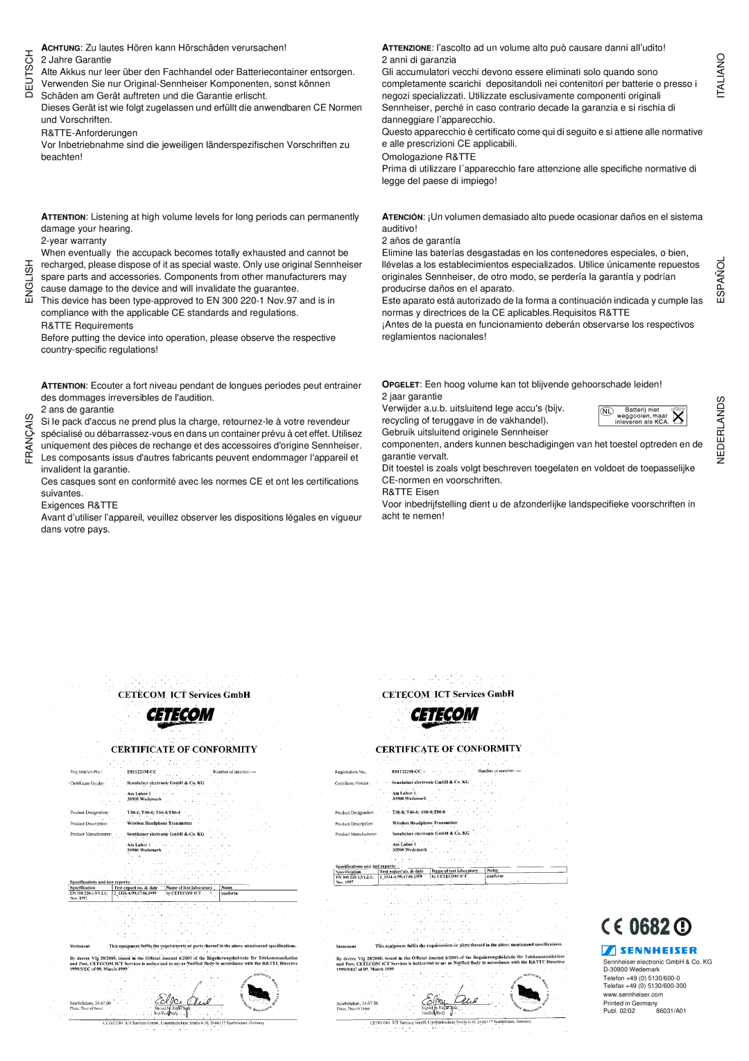 Sennheiser RS 20 manual Deutsch, Italiano 