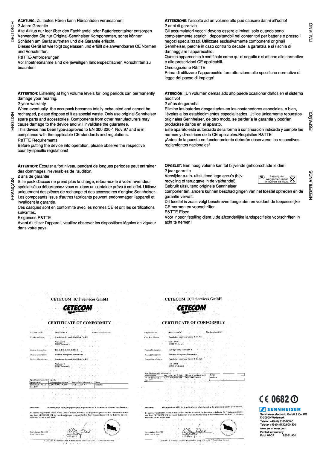 Sennheiser RS 20 manual Deutsch, Italiano, D t h 
