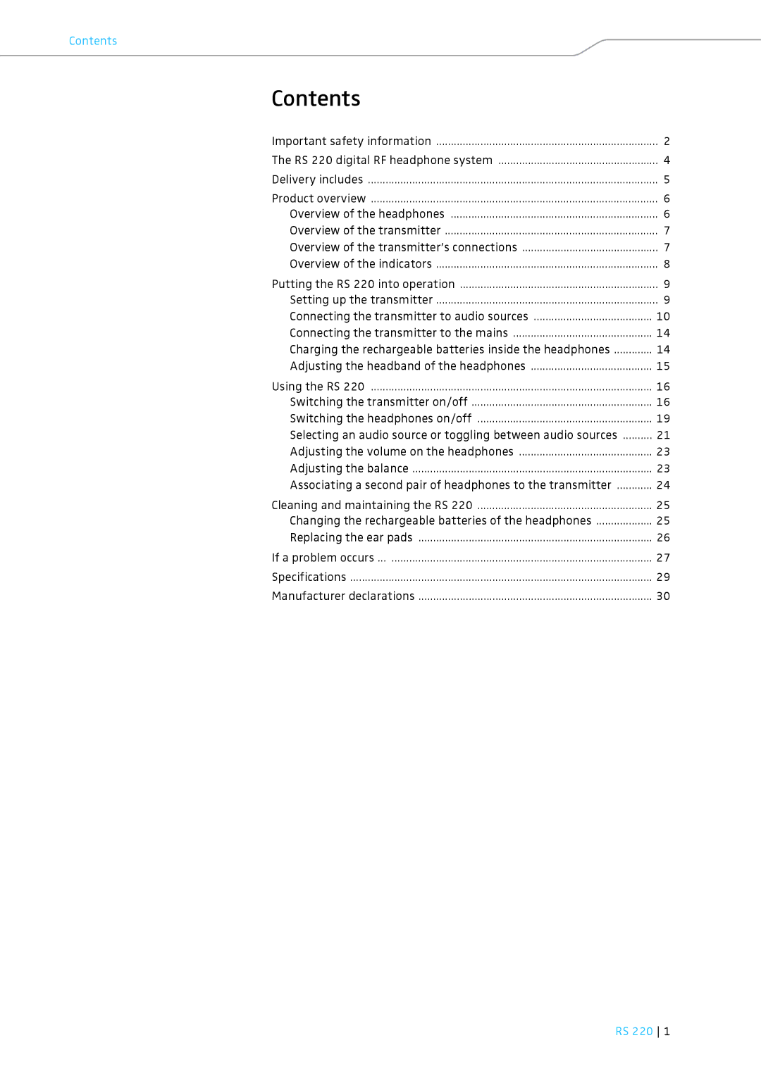 Sennheiser RS 220 specifications Contents 