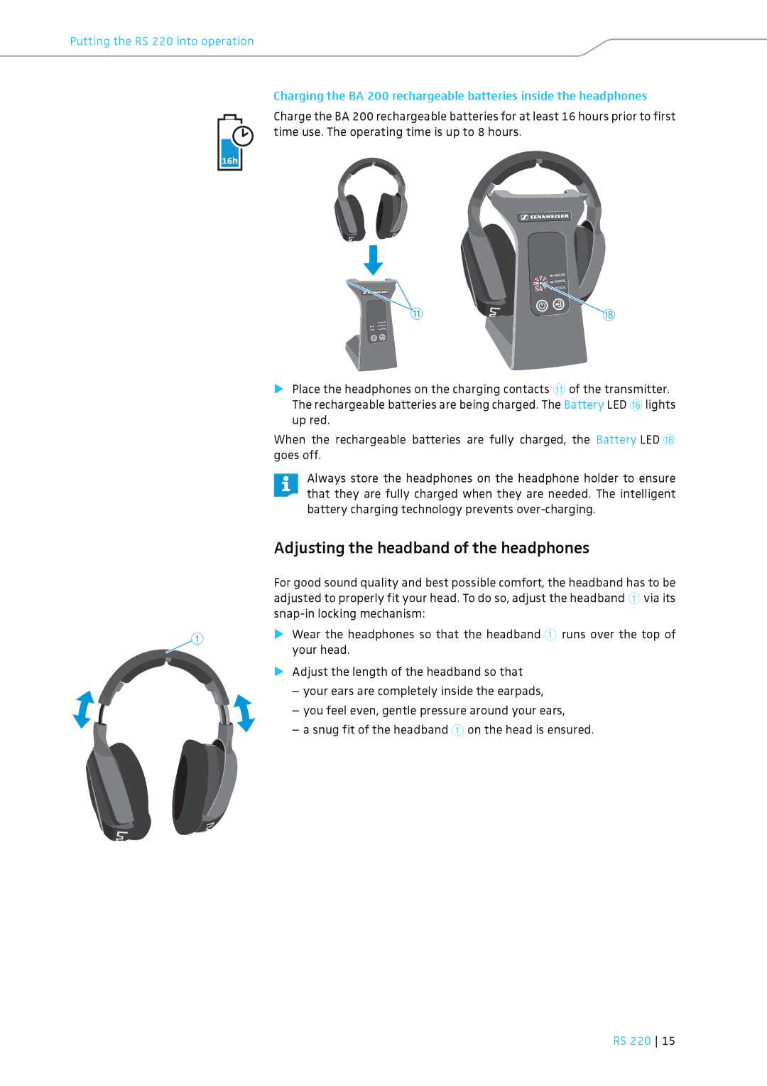 Sennheiser RS 220 specifications Adjusting the headband of the headphones 