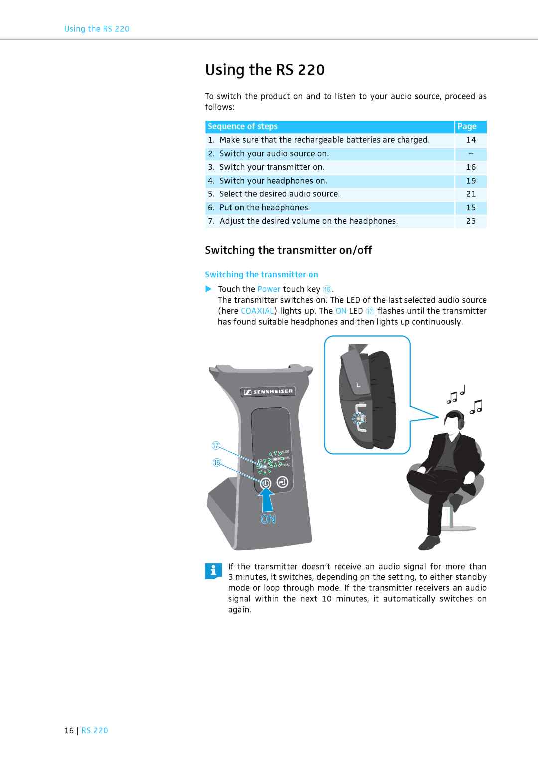 Sennheiser RS 220 specifications Using the RS, Switching the transmitter on/off, 16 RS 