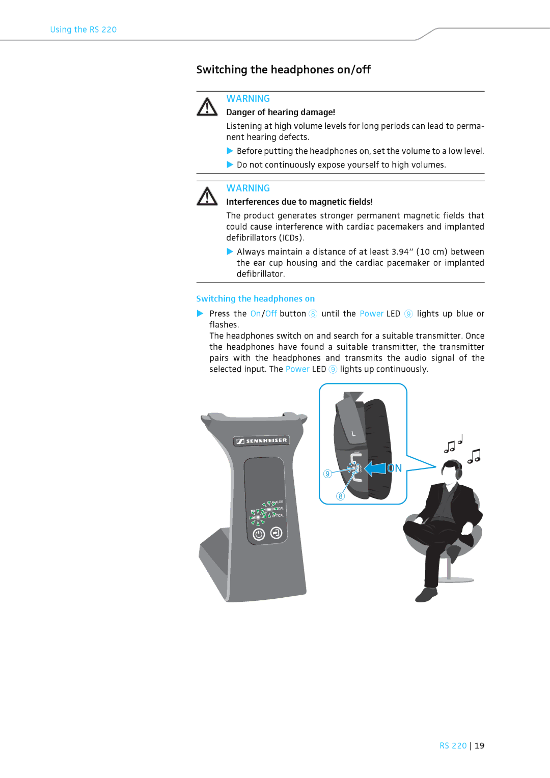 Sennheiser RS 220 specifications Switching the headphones on/off 