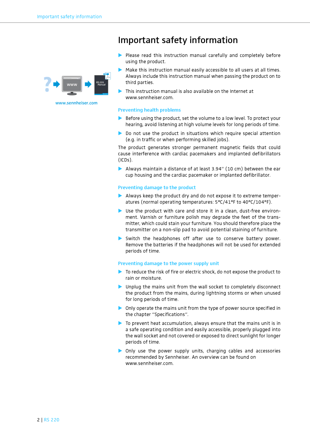 Sennheiser RS 220 specifications Important safety information, Preventing health problems, Preventing damage to the product 