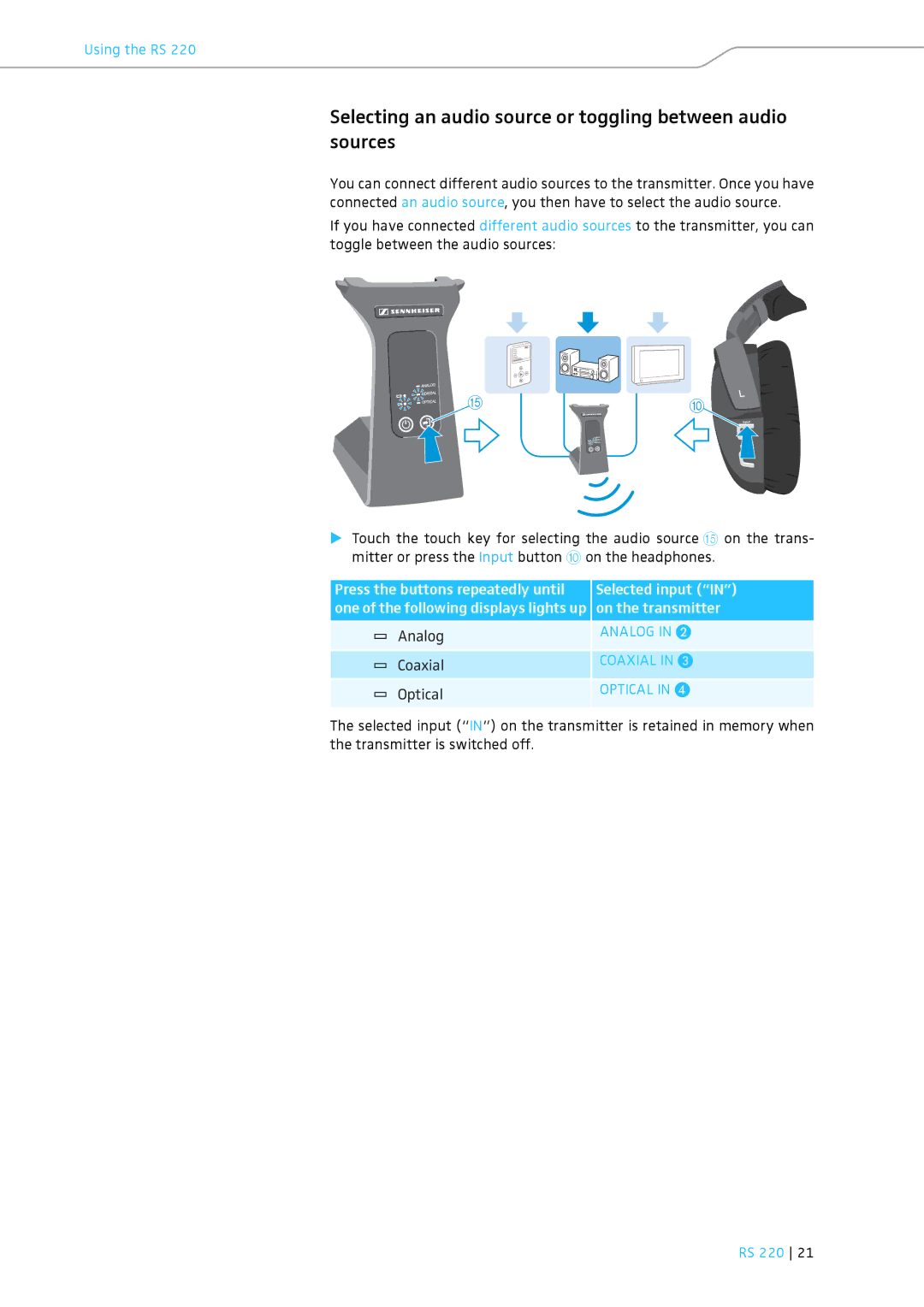 Sennheiser RS 220 specifications Selecting an audio source or toggling between audio sources, Analog 