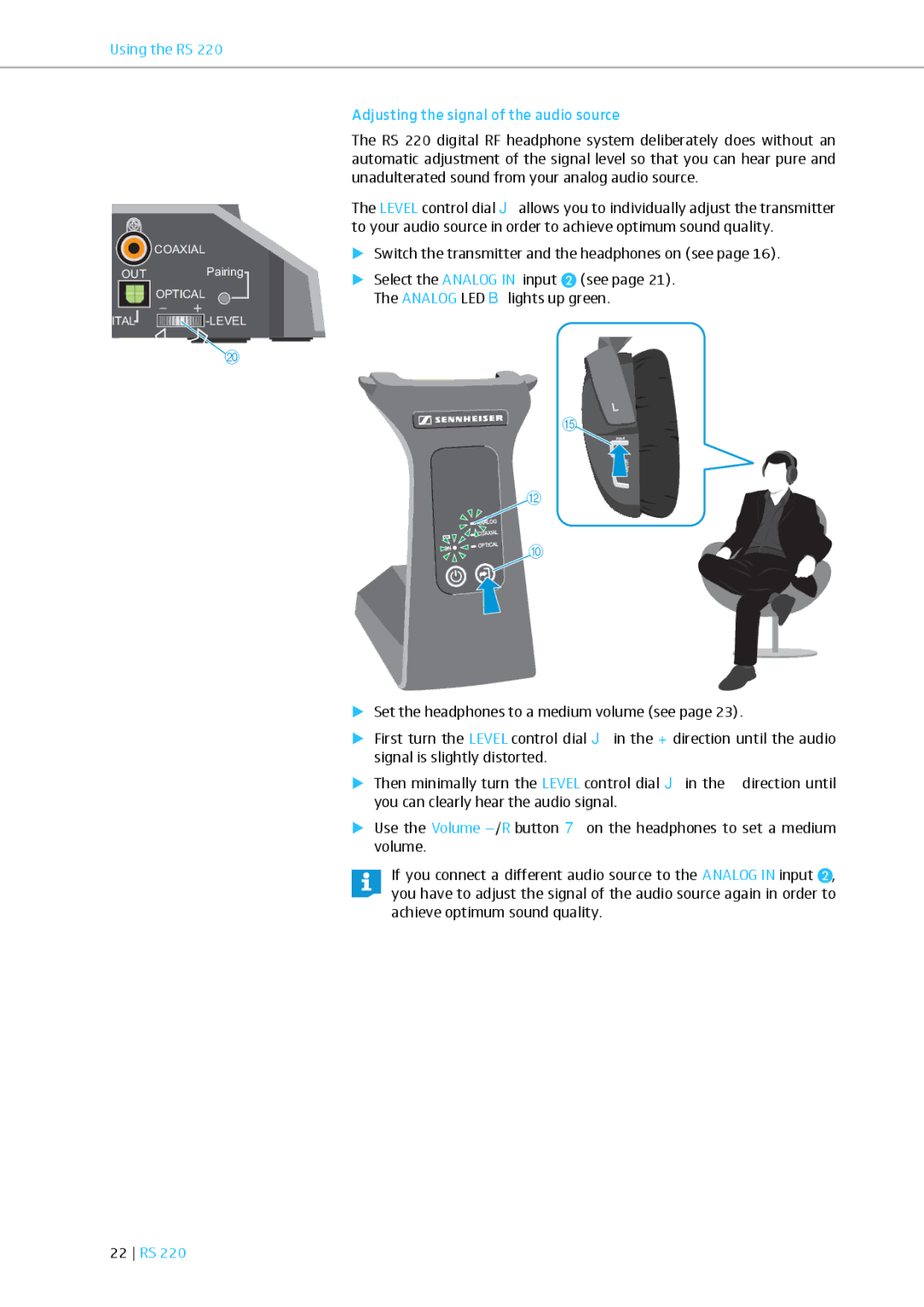 Sennheiser RS 220 specifications Adjusting the signal of the audio source, 22 RS 