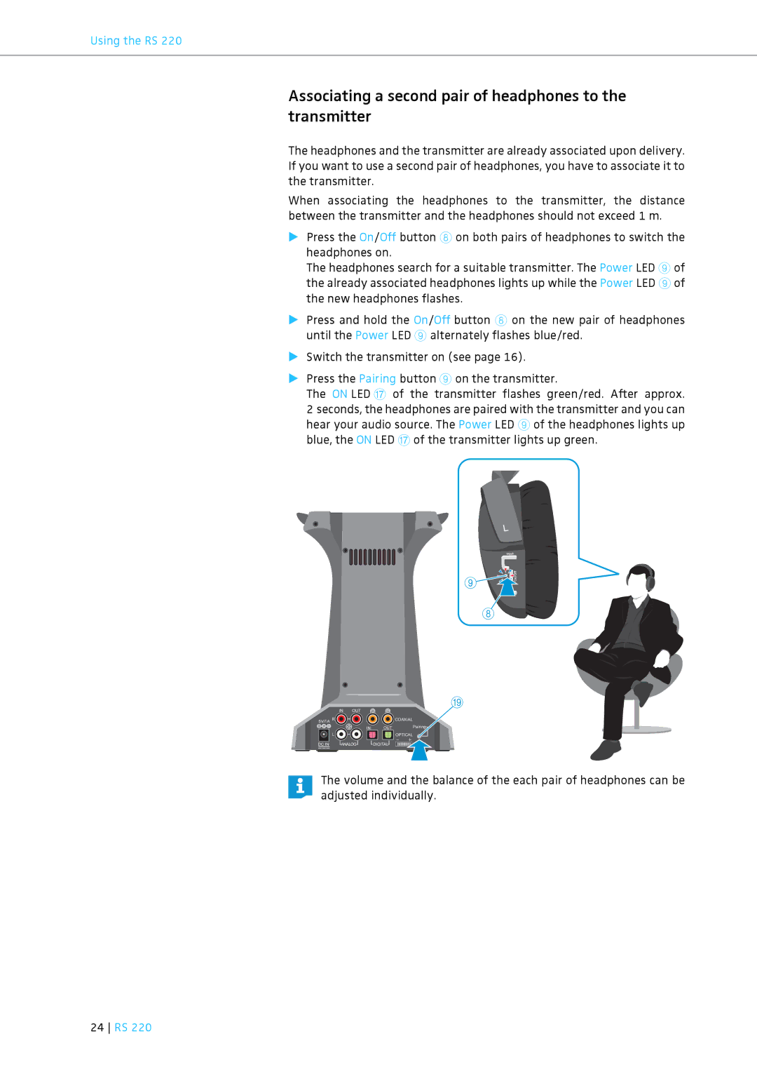 Sennheiser RS 220 specifications Associating a second pair of headphones to the transmitter, 24 RS 