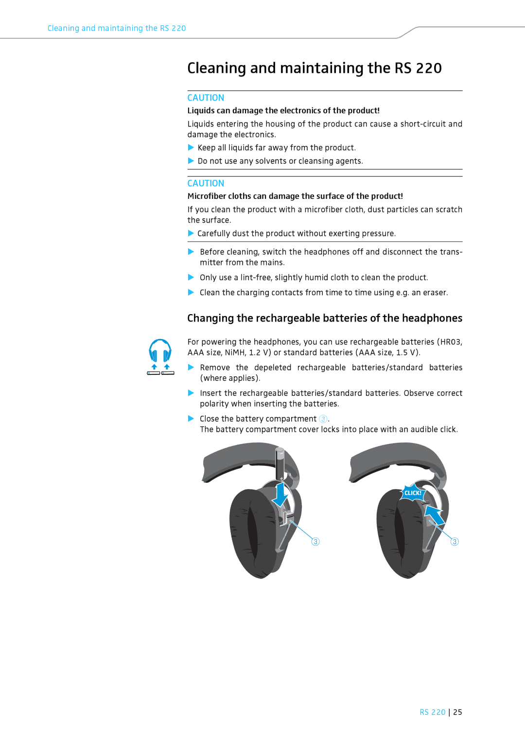 Sennheiser RS 220 specifications Cleaning and maintaining the RS, Changing the rechargeable batteries of the headphones 