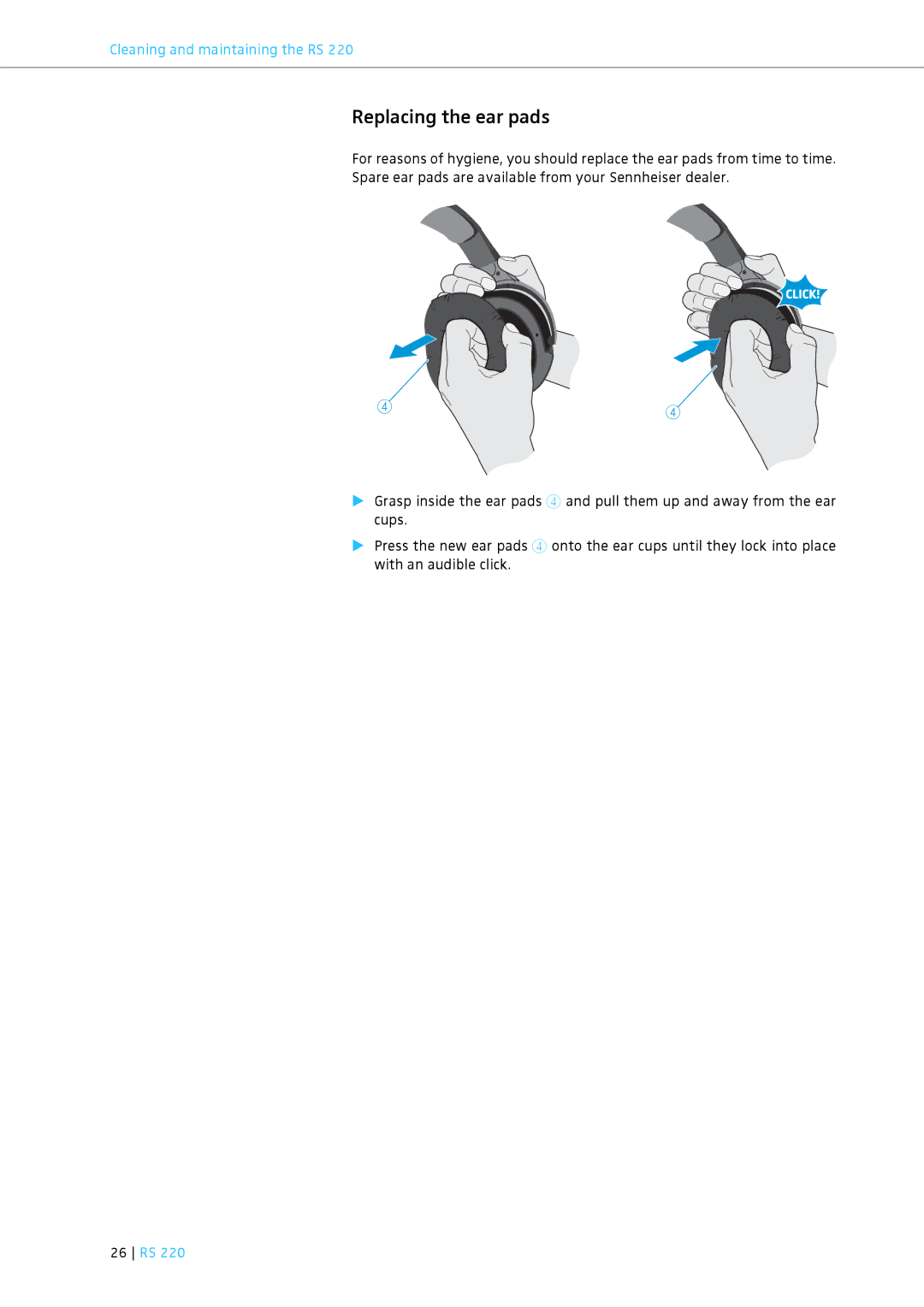 Sennheiser RS 220 specifications Replacing the ear pads, 26 RS 