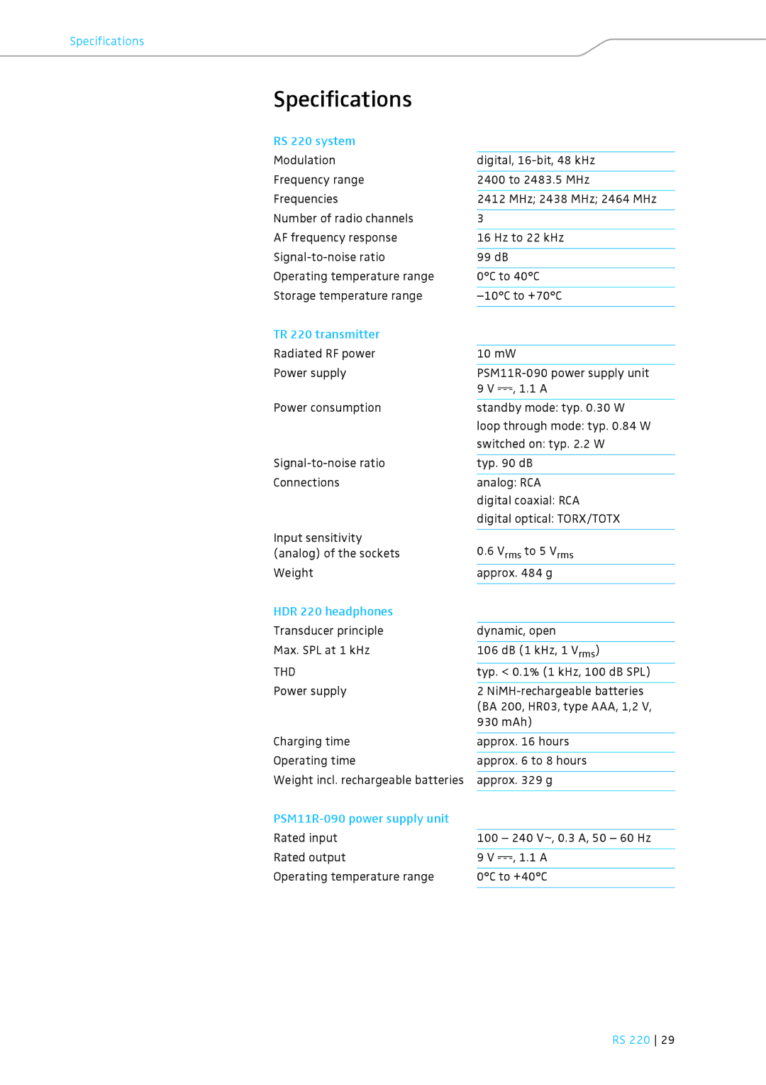 Sennheiser RS 220 specifications Specifications 