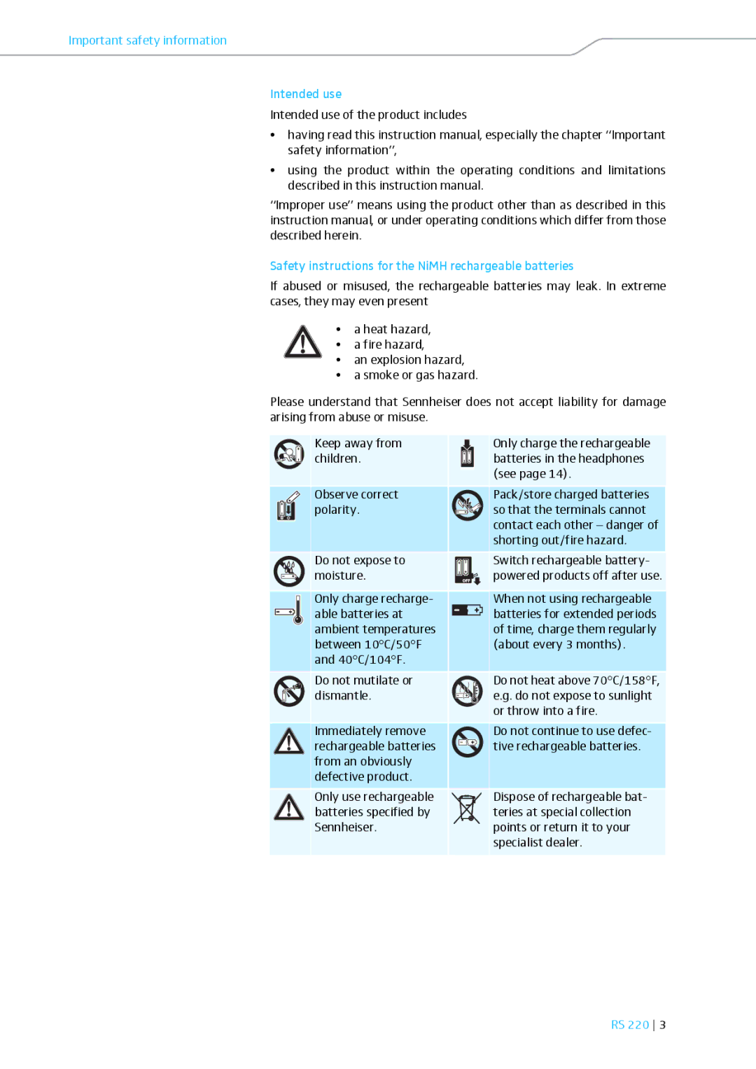 Sennheiser RS 220 Important safety information Intended use, Safety instructions for the NiMH rechargeable batteries 