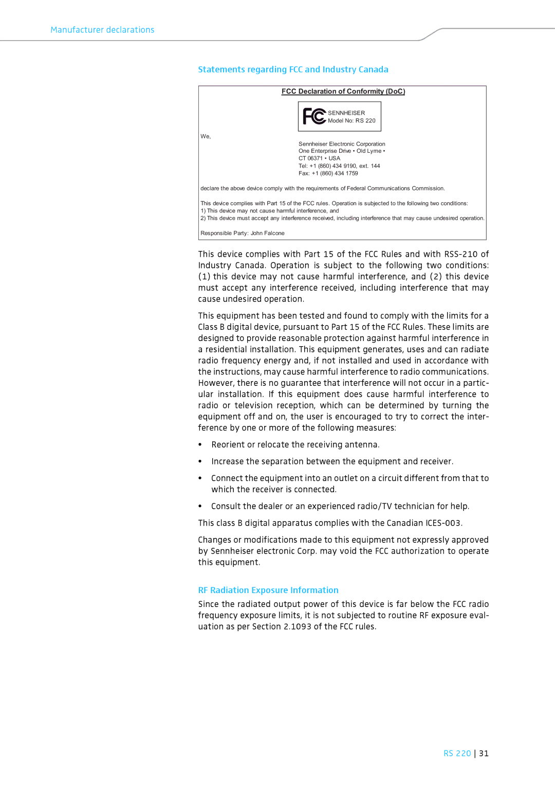 Sennheiser RS 220 specifications RF Radiation Exposure Information, FCC Declaration of Conformity DoC 