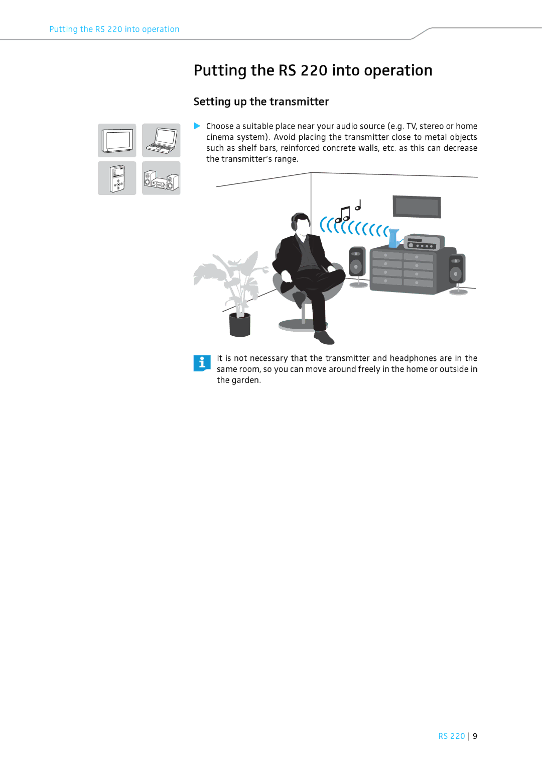 Sennheiser specifications Putting the RS 220 into operation, Setting up the transmitter 