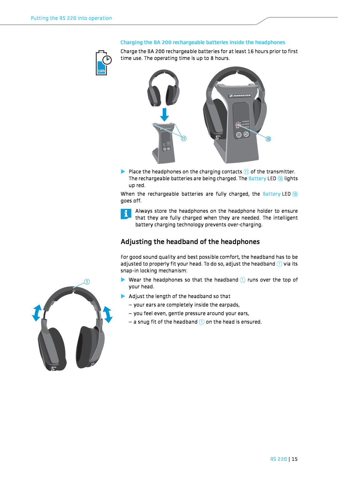 Sennheiser specifications Adjusting the headband of the headphones, Putting the RS 220 into operation, Rs 