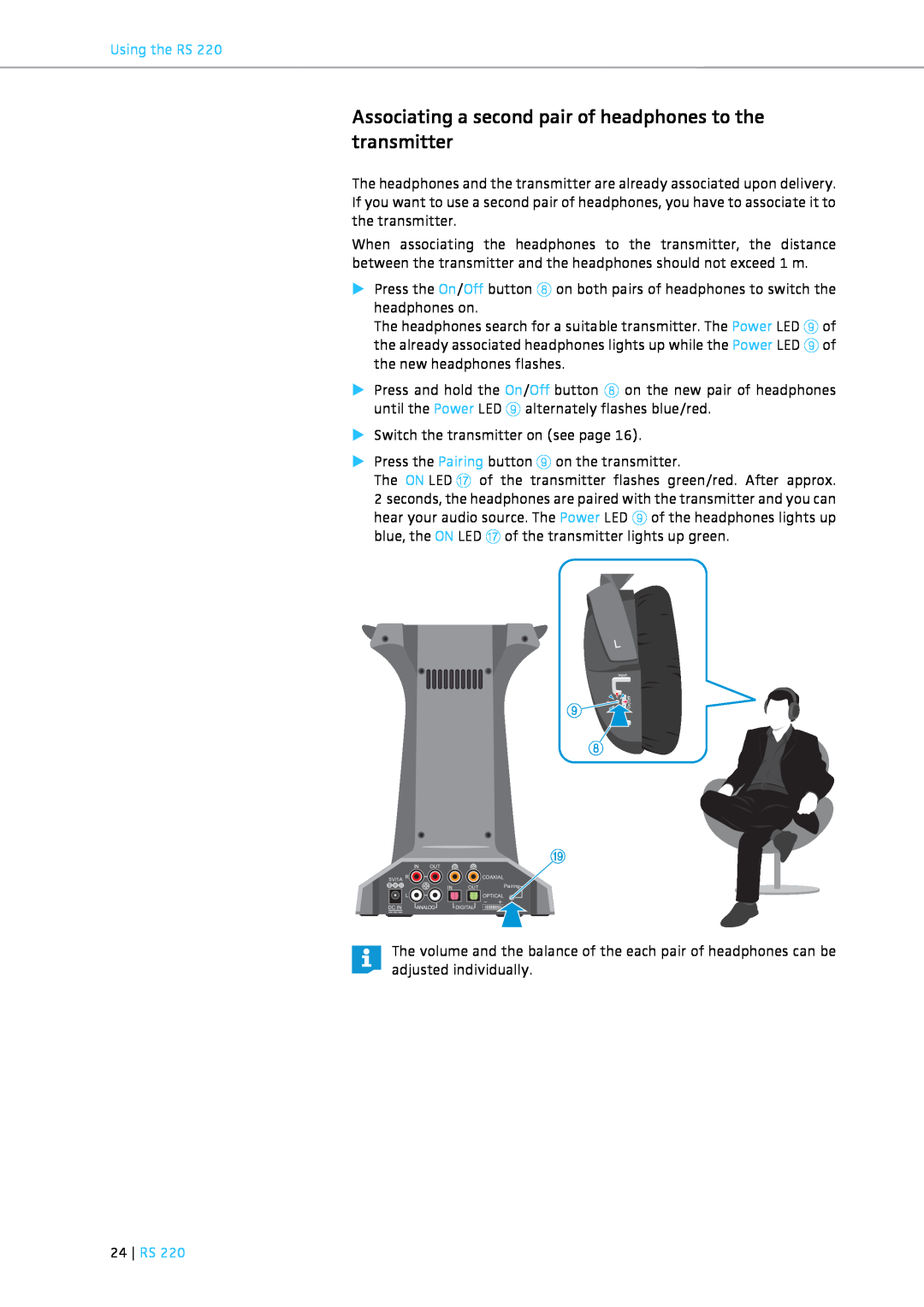 Sennheiser RS 220 specifications 9 8, 24 RS, Using the RS 