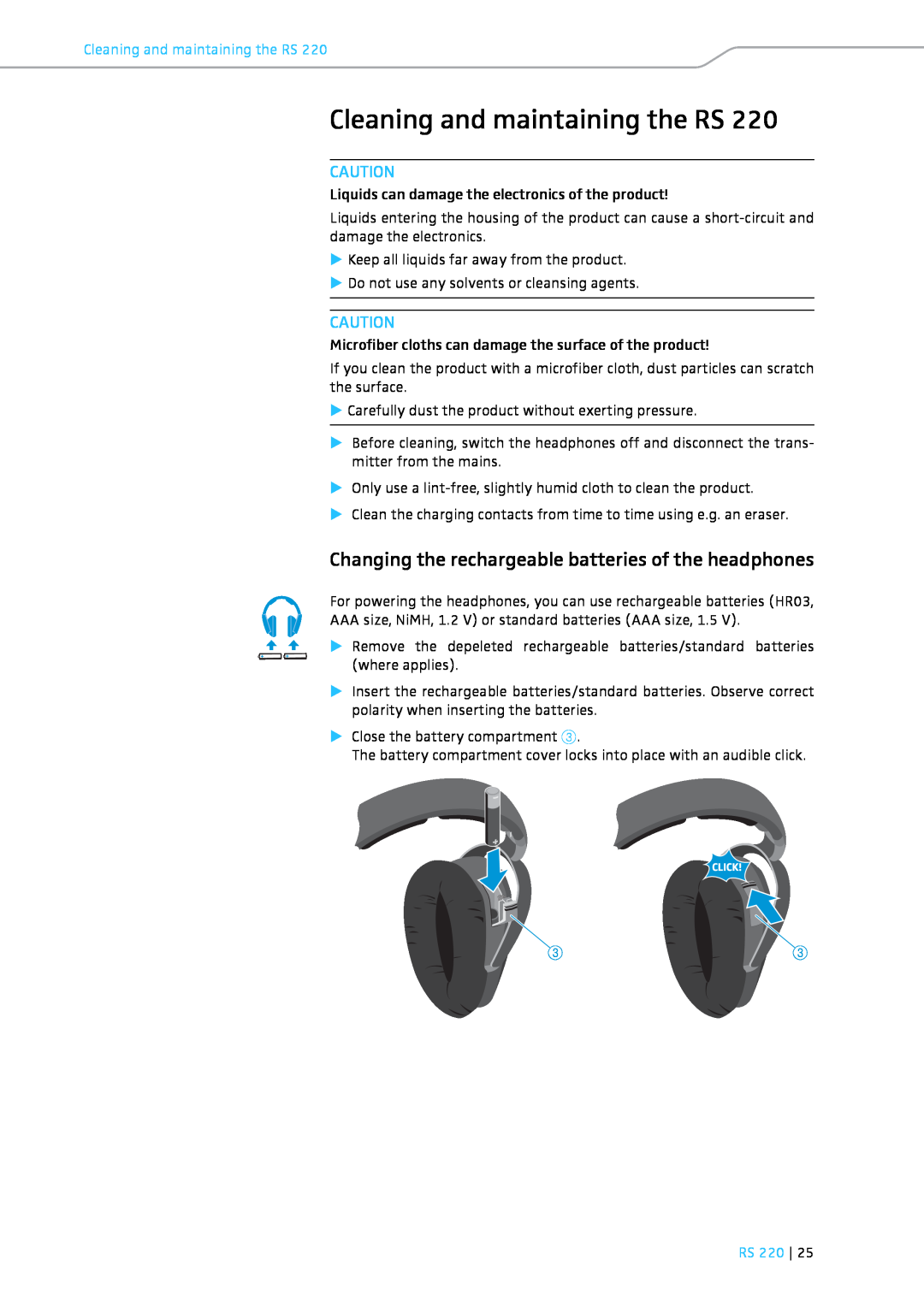 Sennheiser RS 220 specifications Cleaning and maintaining the RS, Rs 