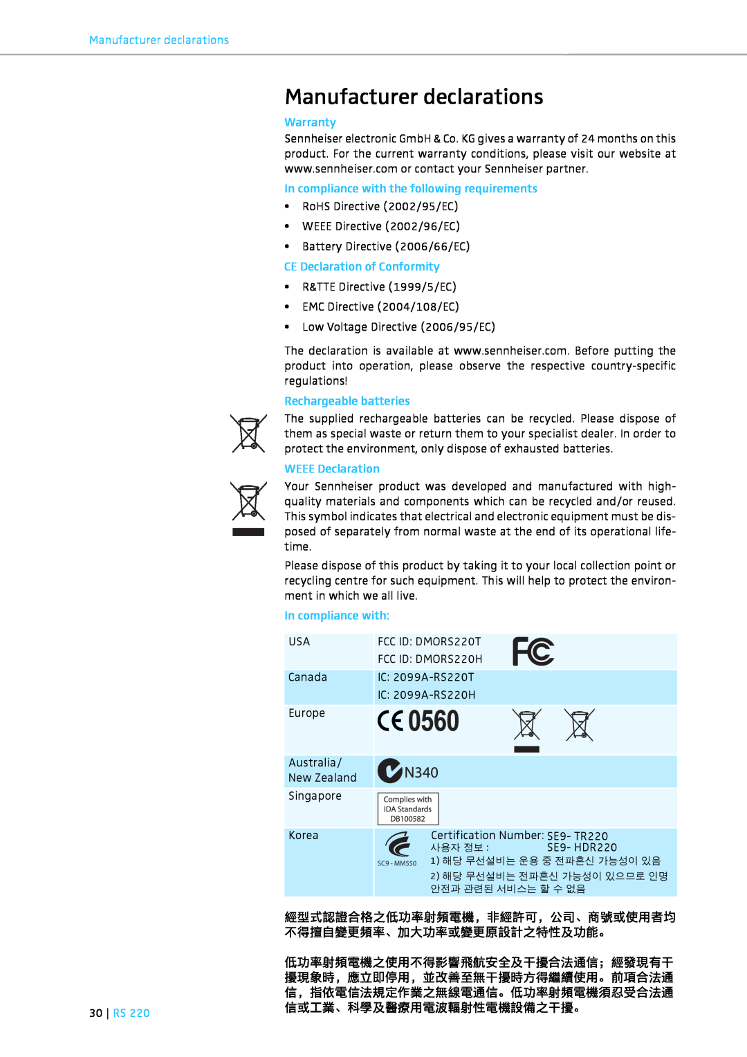 Sennheiser RS 220 Manufacturer declarations 30 RS, Warranty, In compliance with the following requirements 