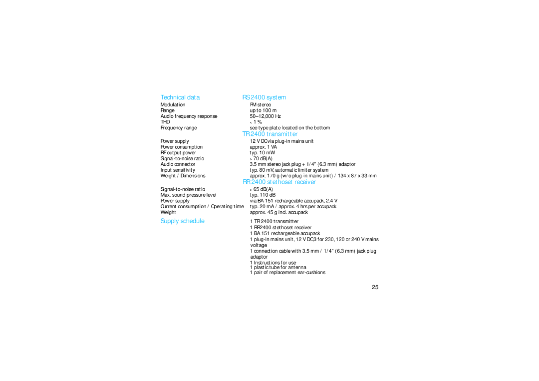 Sennheiser manual Technical data RS 2400 system, TR 2400 transmitter, RR 2400 stethoset receiver, Supply schedule 