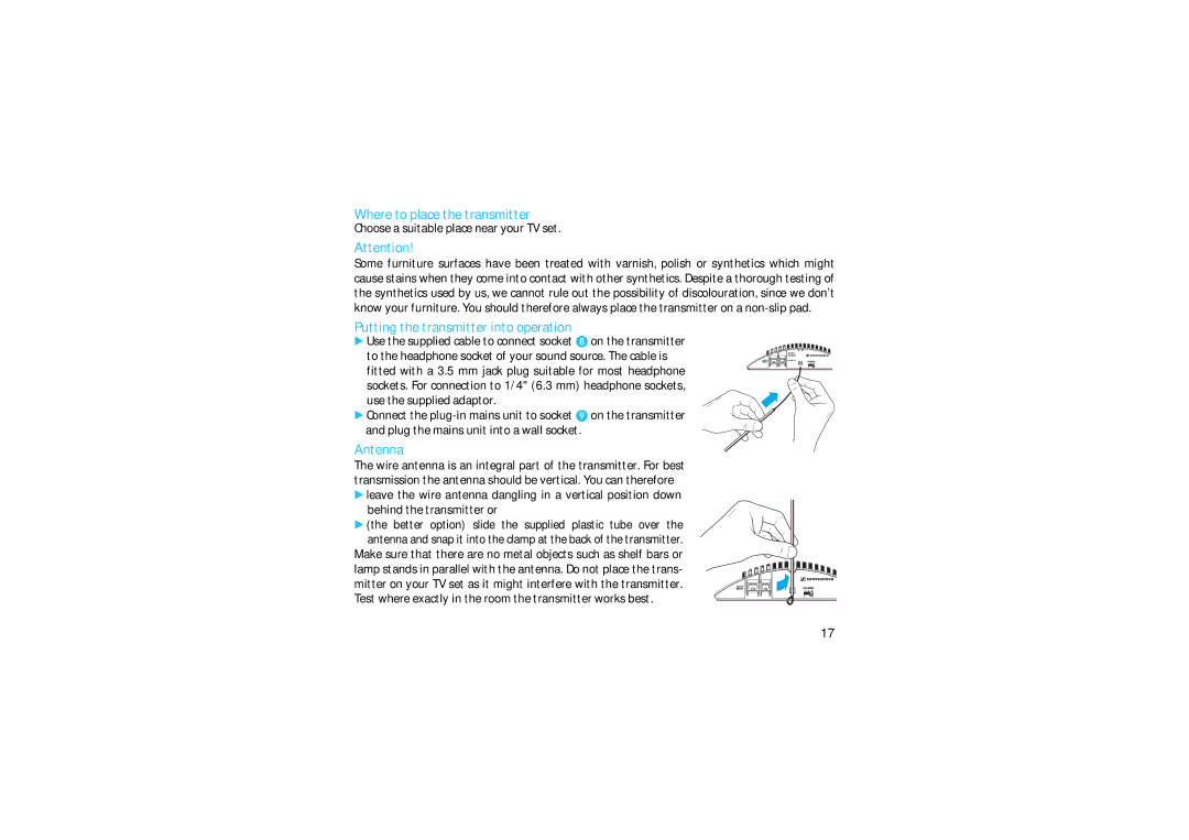 Sennheiser RS 2400 manual Where to place the transmitter, Putting the transmitter into operation, Antenna 