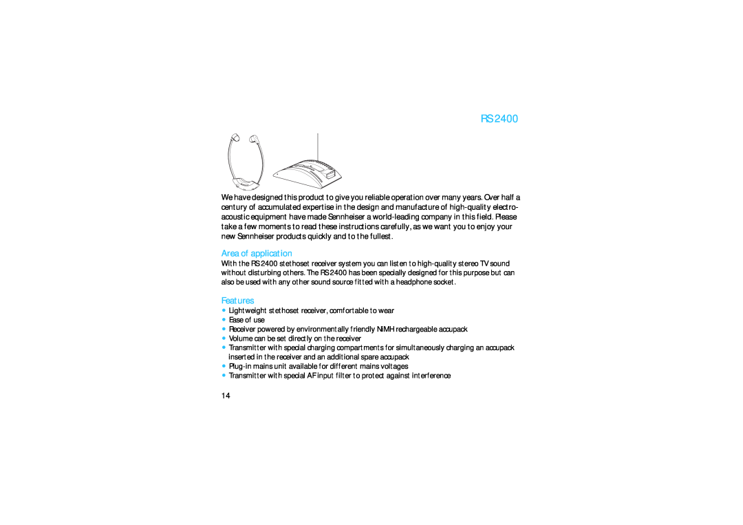 Sennheiser RS 2400 manual Area of application, Features 