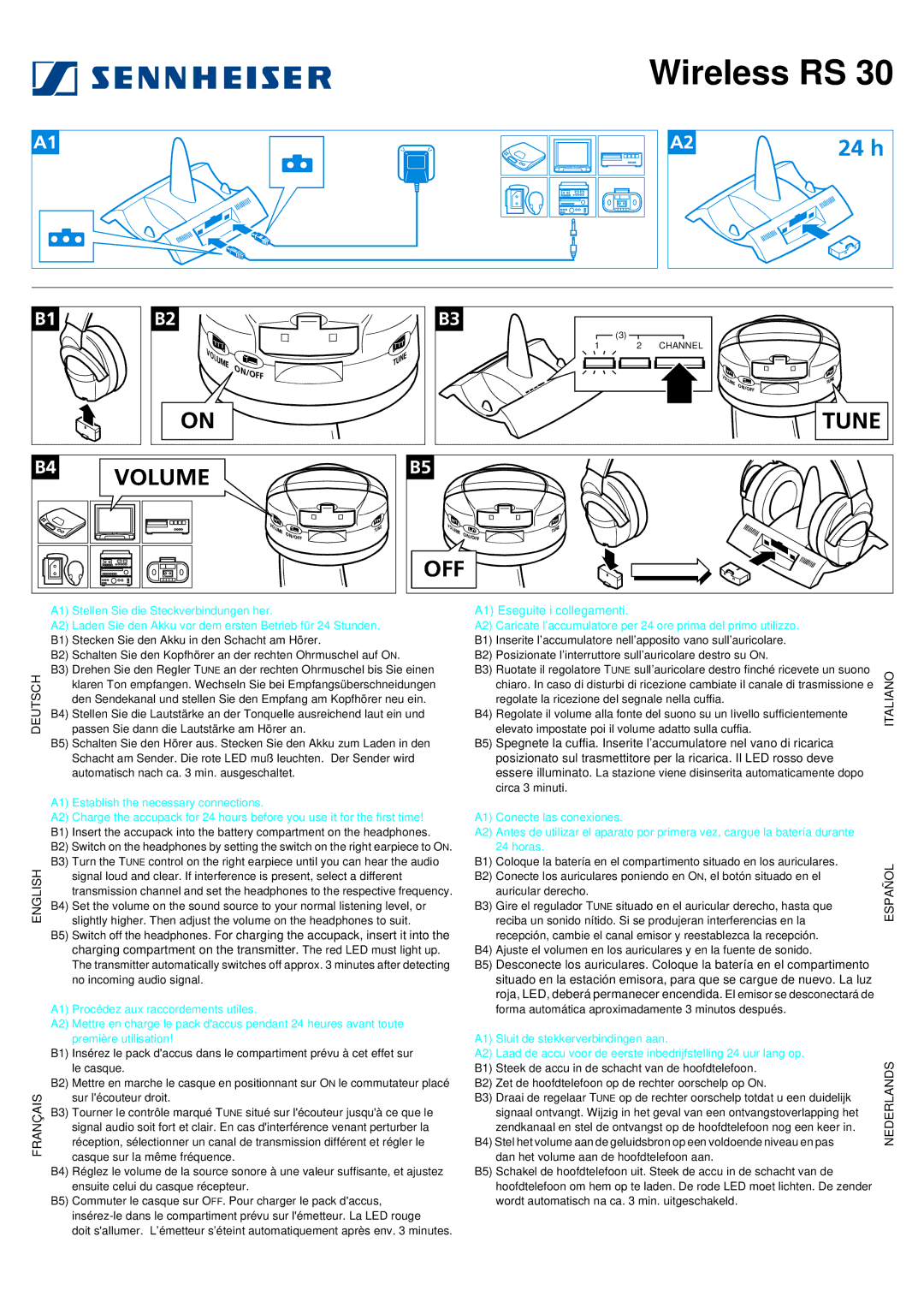 Sennheiser RS 30 manual Wireless RS, Deutsch English Français, A1 Eseguite i collegamenti, Italiano Español Nederlands 