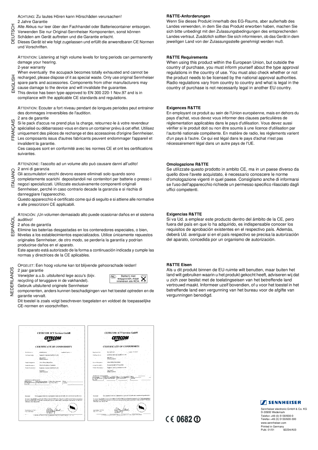 Sennheiser RS 30 manual Deutsch English Français Italiano Español Nederlands 