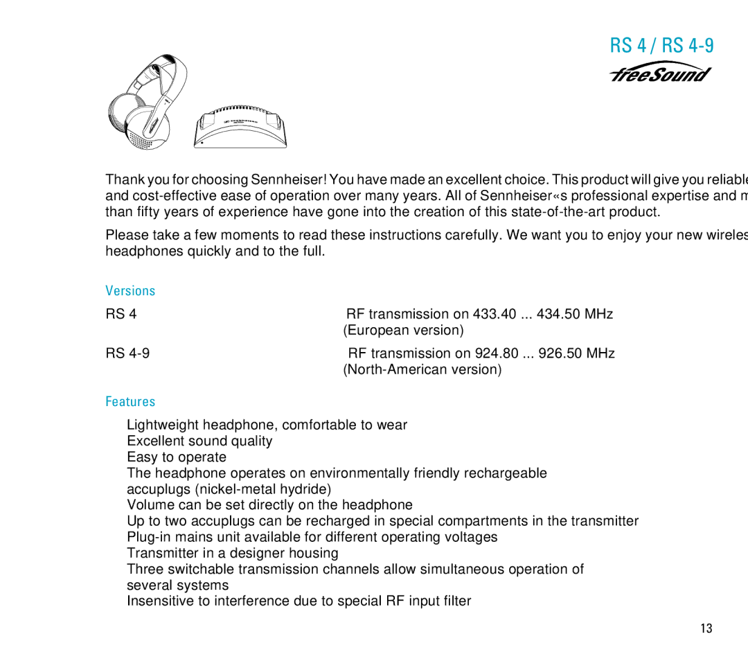 Sennheiser RS 4 manual Versions, Features 