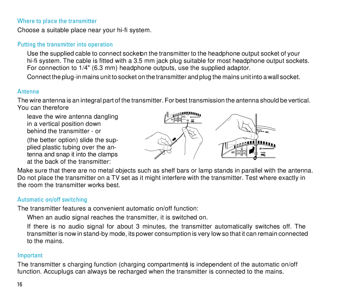 Sennheiser RS 4 manual Where to place the transmitter, Putting the transmitter into operation, Antenna 