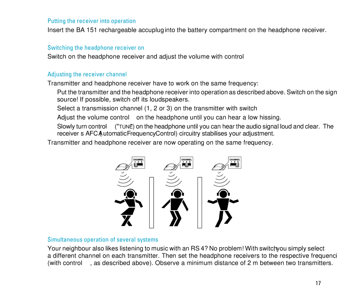 Sennheiser RS 4 Putting the receiver into operation, Switching the headphone receiver on, Adjusting the receiver channel 