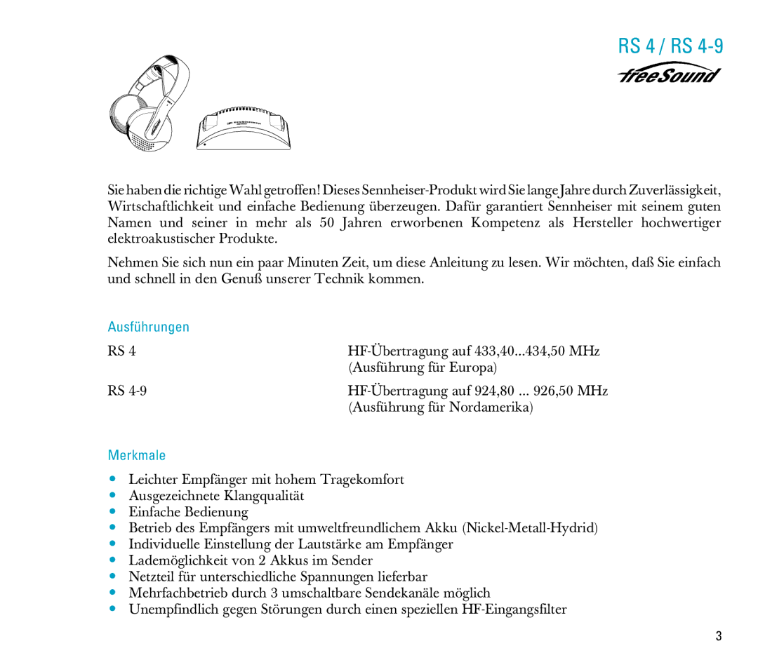 Sennheiser RS 4 manual Ausführungen, Merkmale 