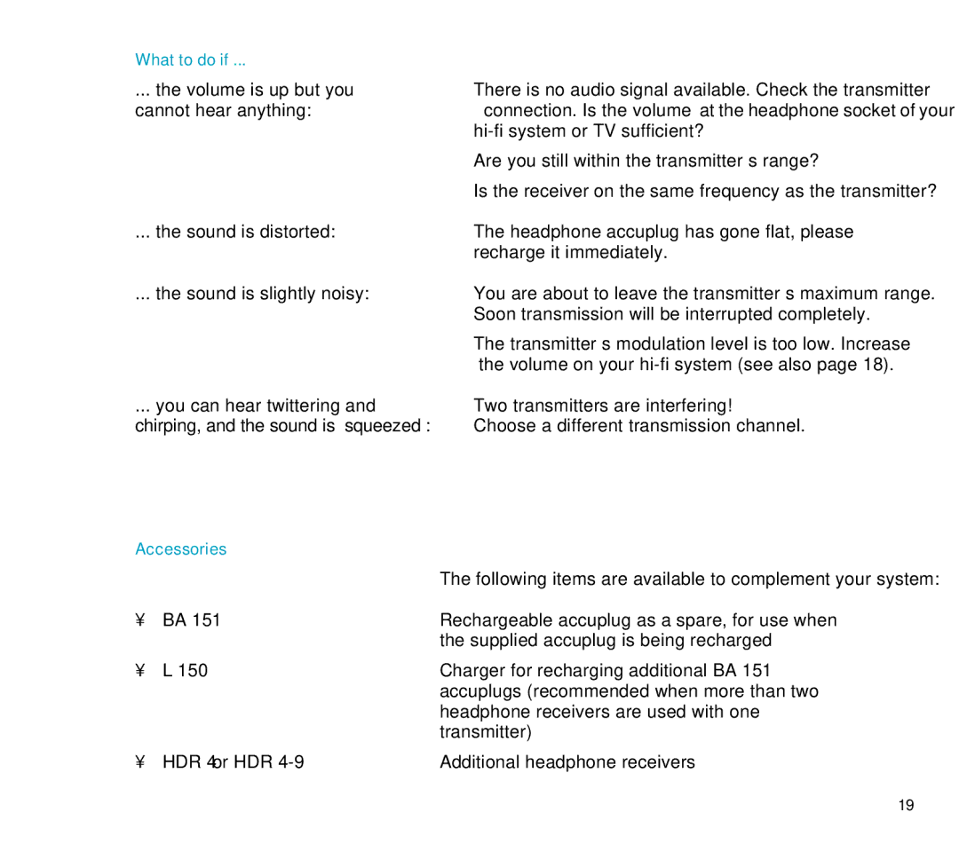 Sennheiser RS 4 manual What to do if, Accessories 