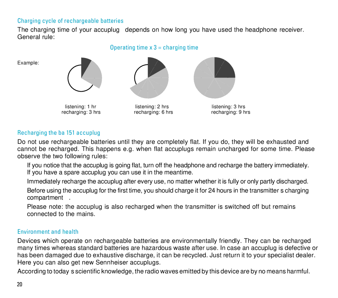 Sennheiser RS 4 manual Operating time x 3 = charging time, Recharging the ba 151 accuplug, Environment and health 