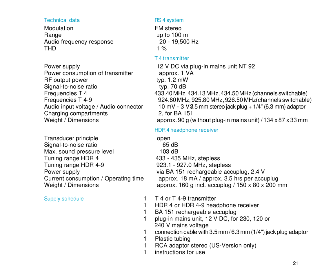 Sennheiser manual Technical data RS 4 system, Transmitter, HDR 4 headphone receiver, Supply schedule 