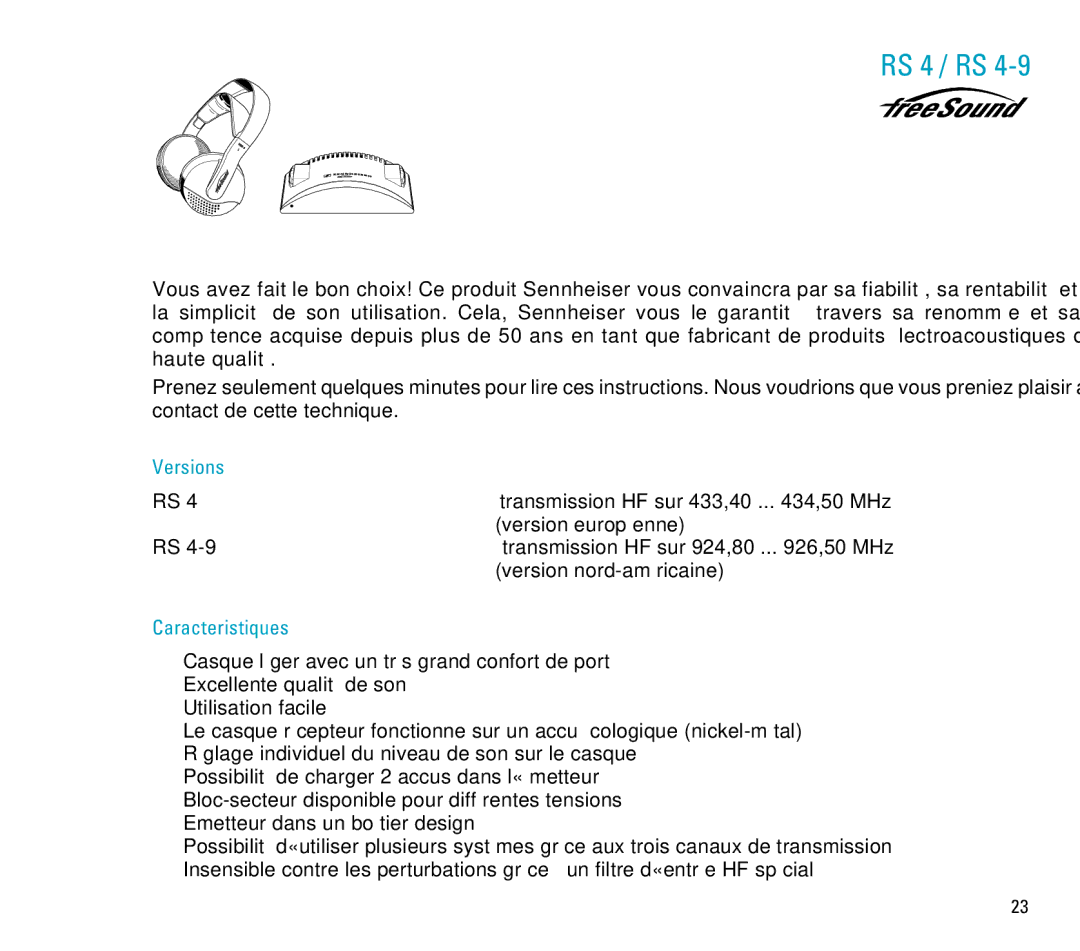 Sennheiser RS 4 manual Versions, Caracteristiques 