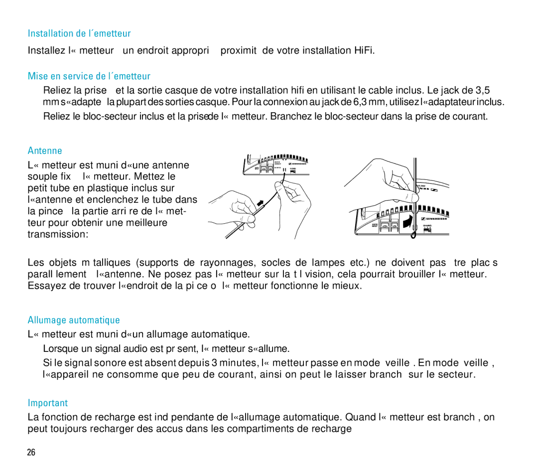 Sennheiser RS 4 manual Installation de l´emetteur, Mise en service de l´emetteur, Allumage automatique 