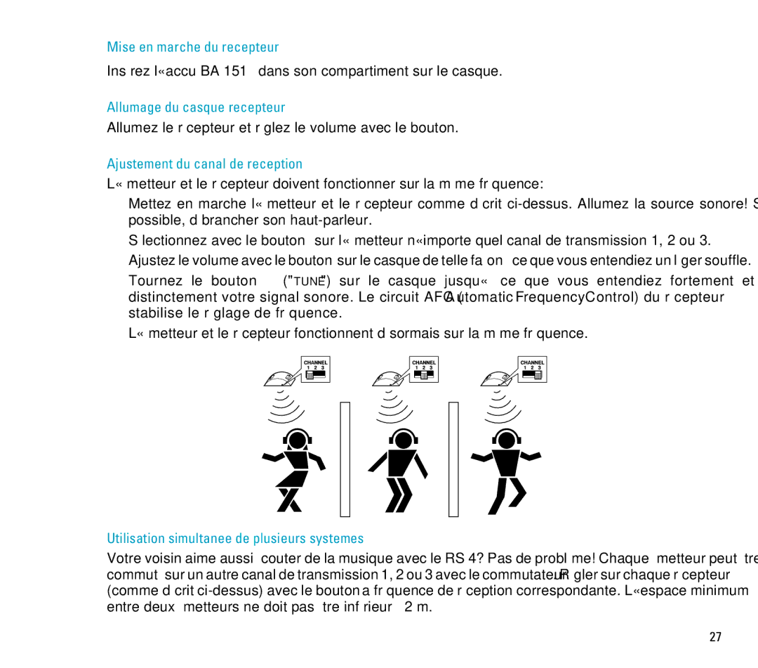 Sennheiser RS 4 manual Mise en marche du recepteur, Allumage du casque recepteur, Ajustement du canal de reception 