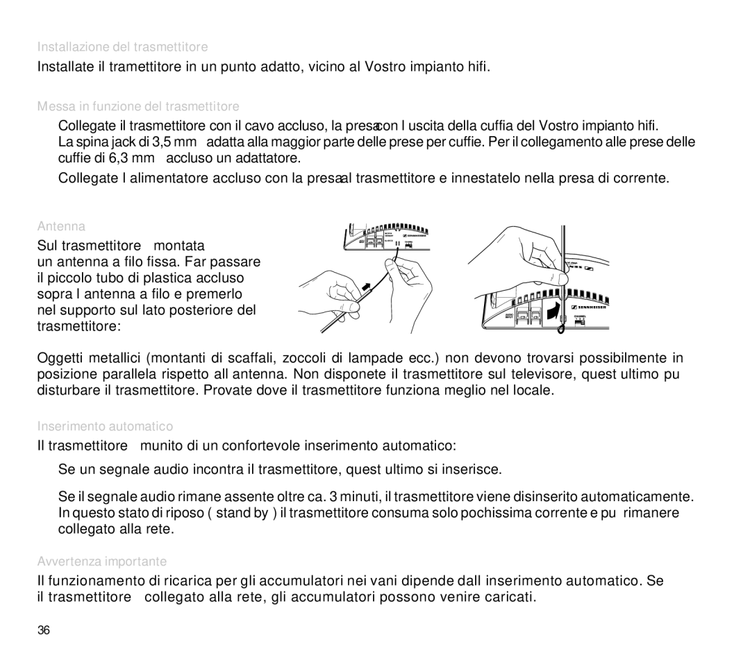 Sennheiser RS 4 manual Installazione del trasmettitore, Messa in funzione del trasmettitore, Inserimento automatico 