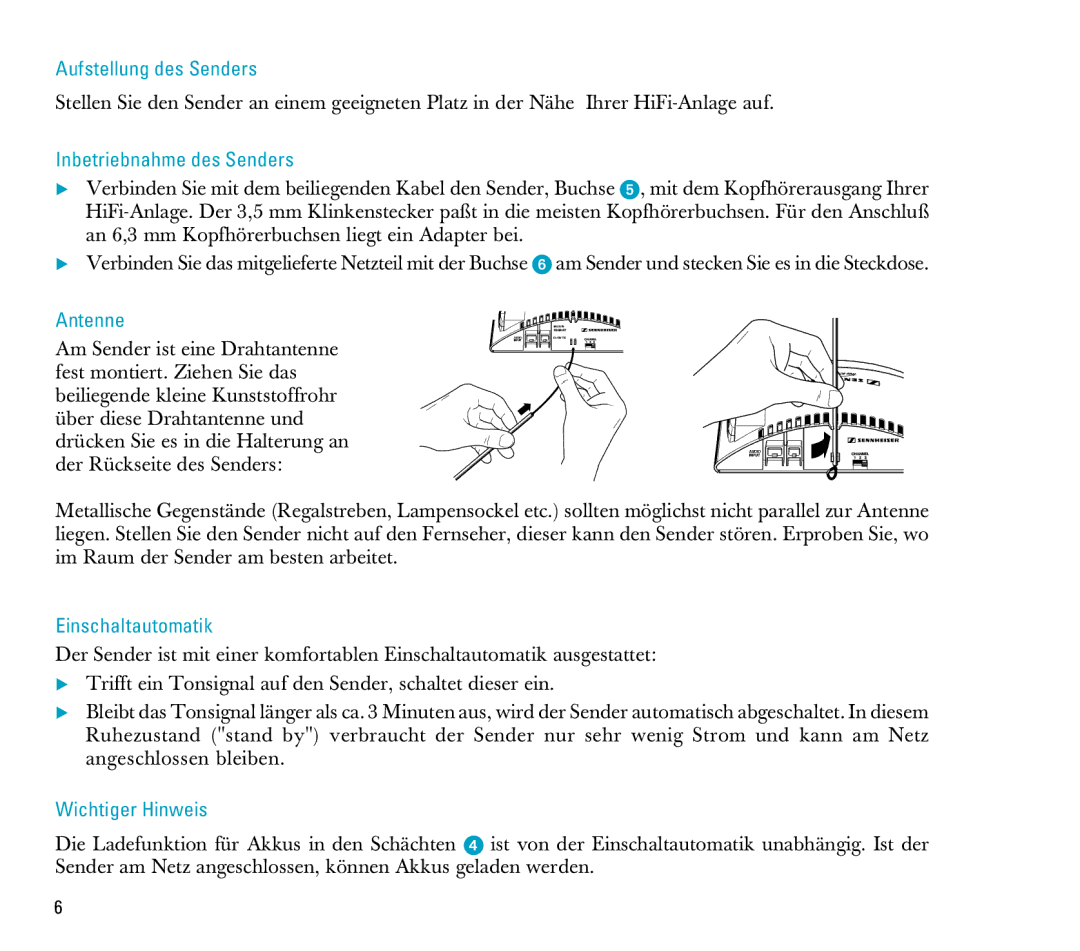 Sennheiser RS 4 manual Aufstellung des Senders, Inbetriebnahme des Senders, Antenne, Einschaltautomatik, Wichtiger Hinweis 