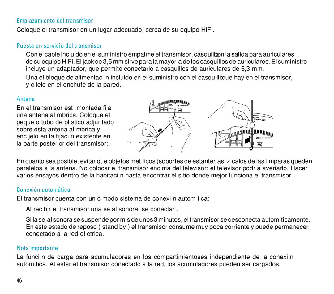 Sennheiser RS 4 manual Emplazamiento del transmisor, Puesta en servicio del transmisor, Antena, Conexión automática 