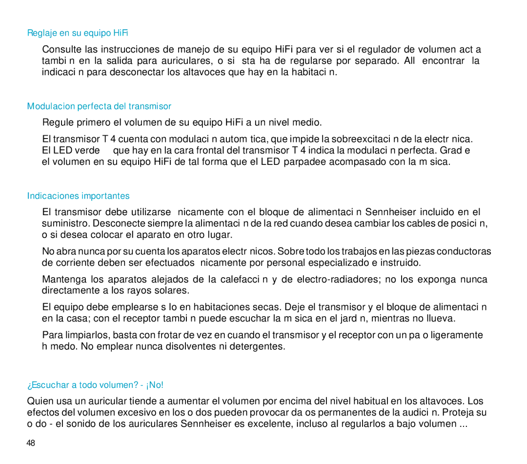 Sennheiser RS 4 manual Reglaje en su equipo HiFi, Modulacion perfecta del transmisor, Indicaciones importantes 