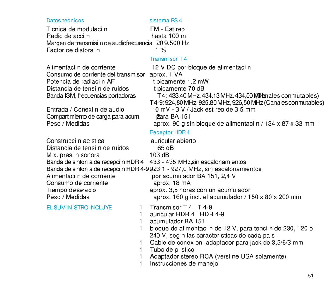 Sennheiser RS 4 manual Datos tecnicos, Transmisor T, Receptor HDR 