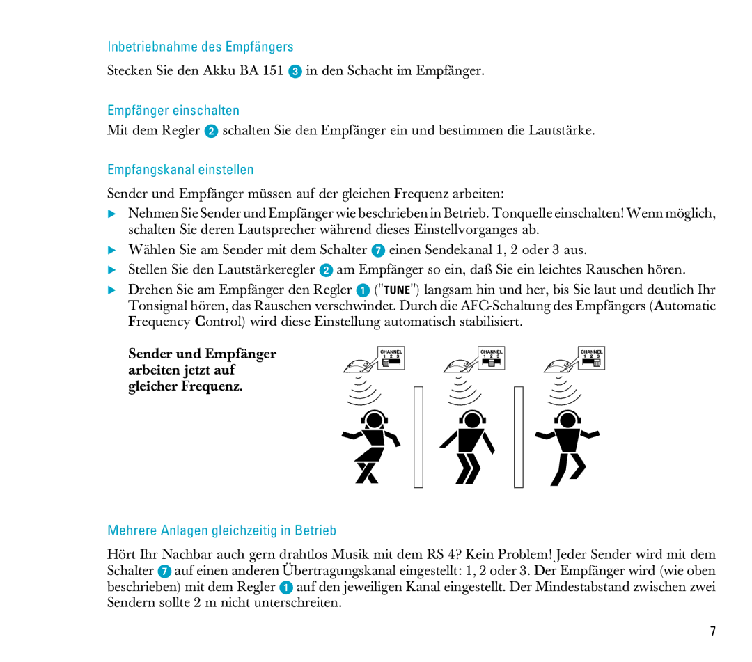 Sennheiser RS 4 manual Empfänger einschalten, Empfangskanal einstellen, Mehrere Anlagen gleichzeitig in Betrieb 