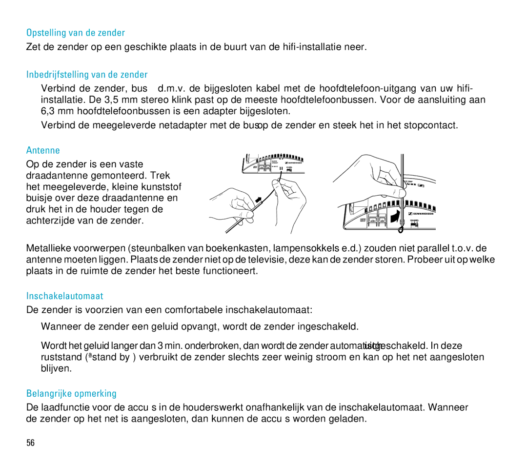 Sennheiser RS 4 manual Opstelling van de zender, Inschakelautomaat, Belangrijke opmerking 