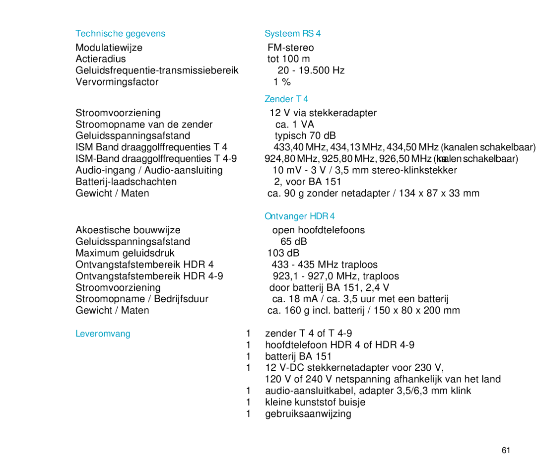 Sennheiser RS 4 manual Technische gegevens Systeem RS, Zender T, Ontvanger HDR, Leveromvang 