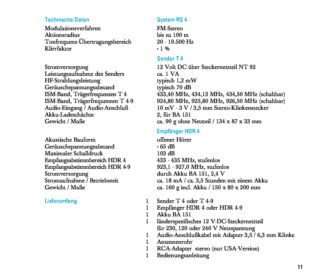 Sennheiser RS 4 manual Technische Daten, System RS, Sender T, Empfänger HDR, Lieferumfang 