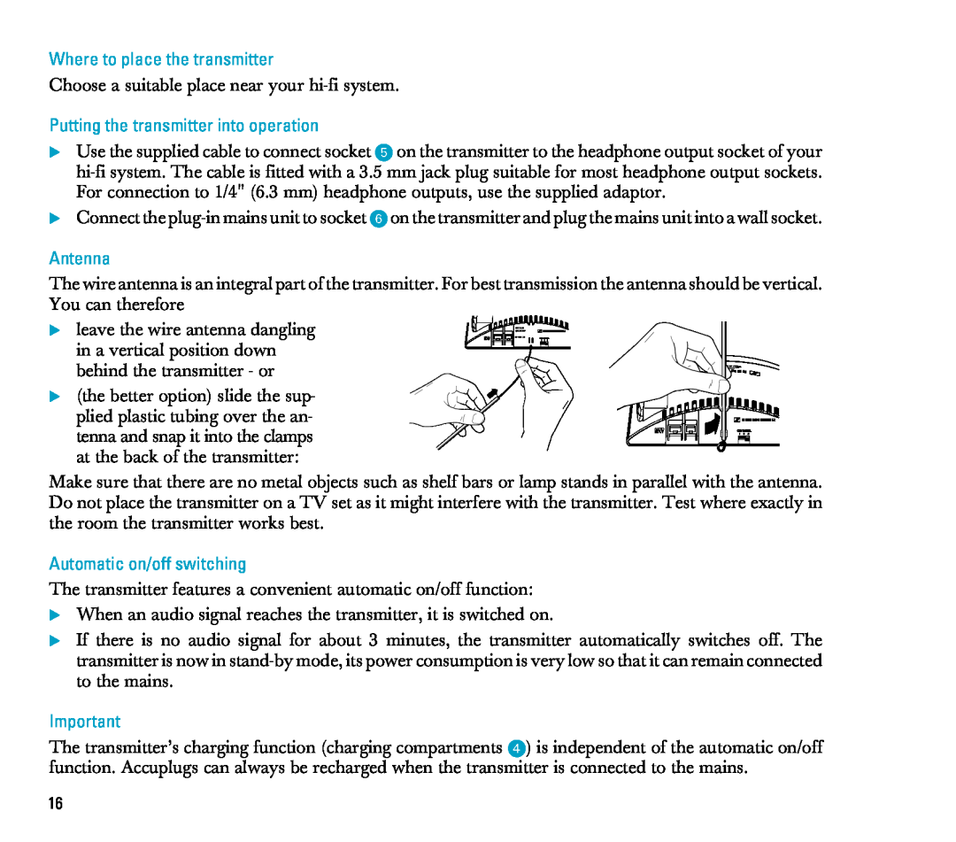 Sennheiser RS 4 manual Where to place the transmitter, Putting the transmitter into operation, Antenna 