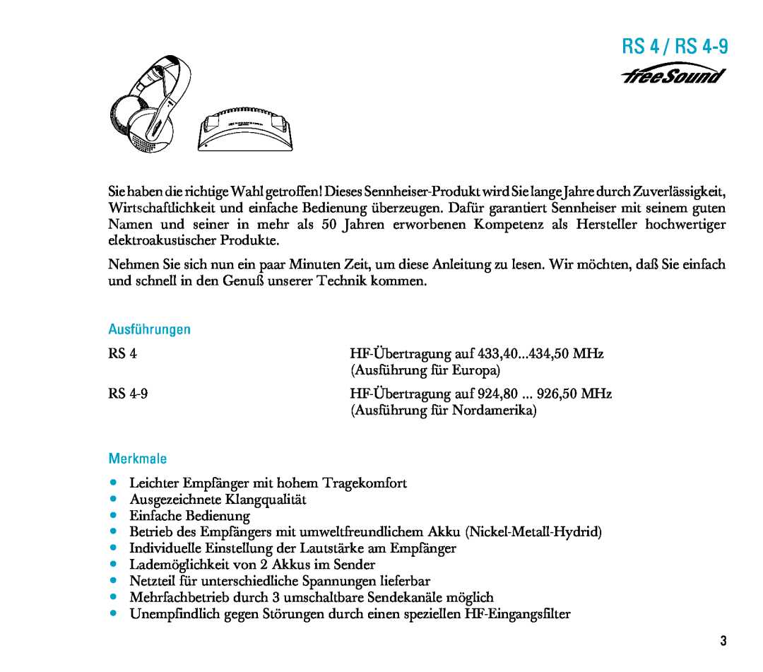 Sennheiser manual RS 4 / RS, Ausführungen, Merkmale 