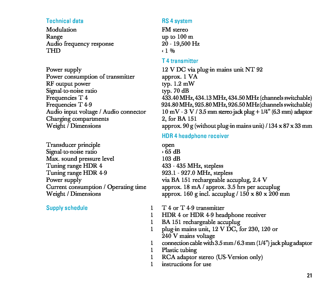 Sennheiser manual Technical data, RS 4 system, T 4 transmitter, HDR 4 headphone receiver, Supply schedule 