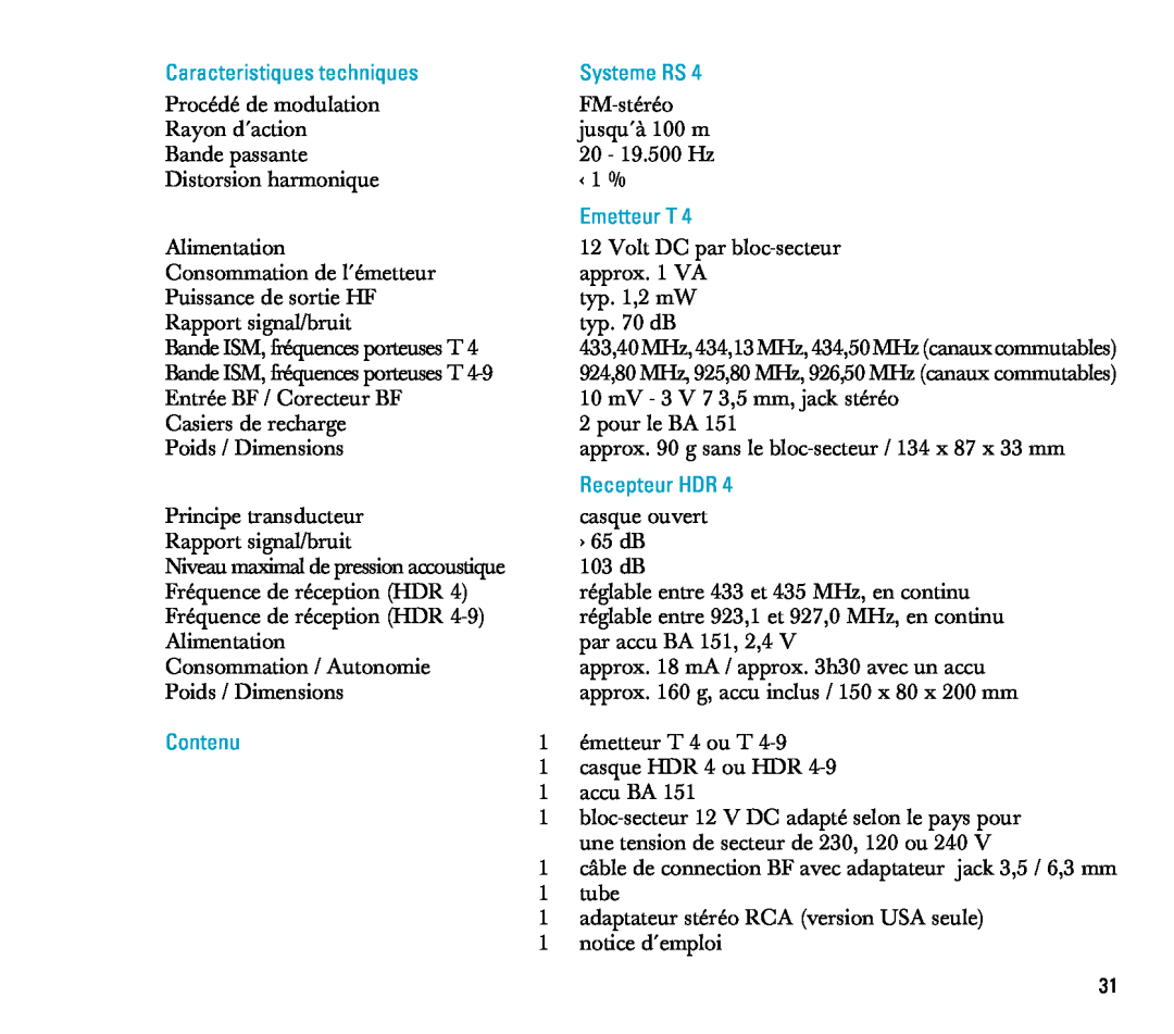 Sennheiser RS 4 manual Caracteristiques techniques, Contenu, Systeme RS, Emetteur T, Recepteur HDR 