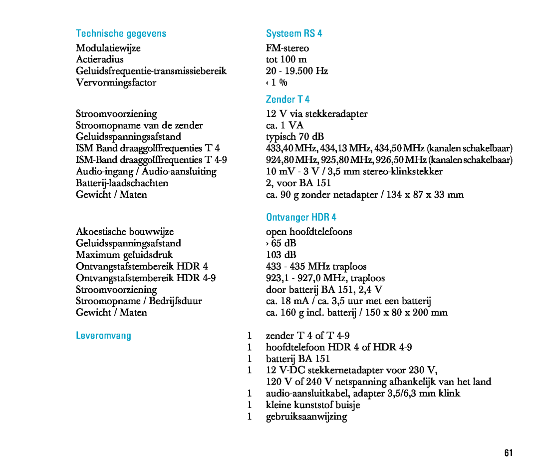 Sennheiser RS 4 manual Technische gegevens, Systeem RS, Zender T, Ontvanger HDR, Leveromvang 